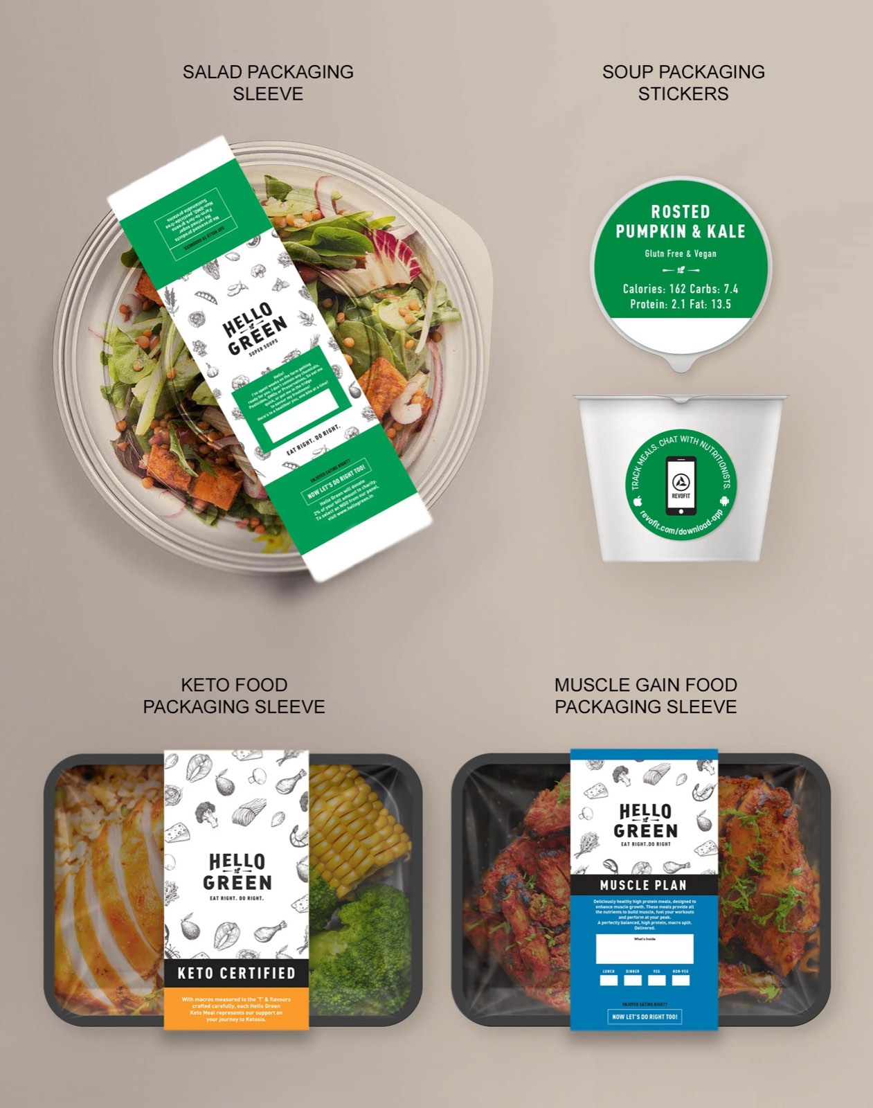 Hello Green salad, soup and keto packaging sleeves and stickers