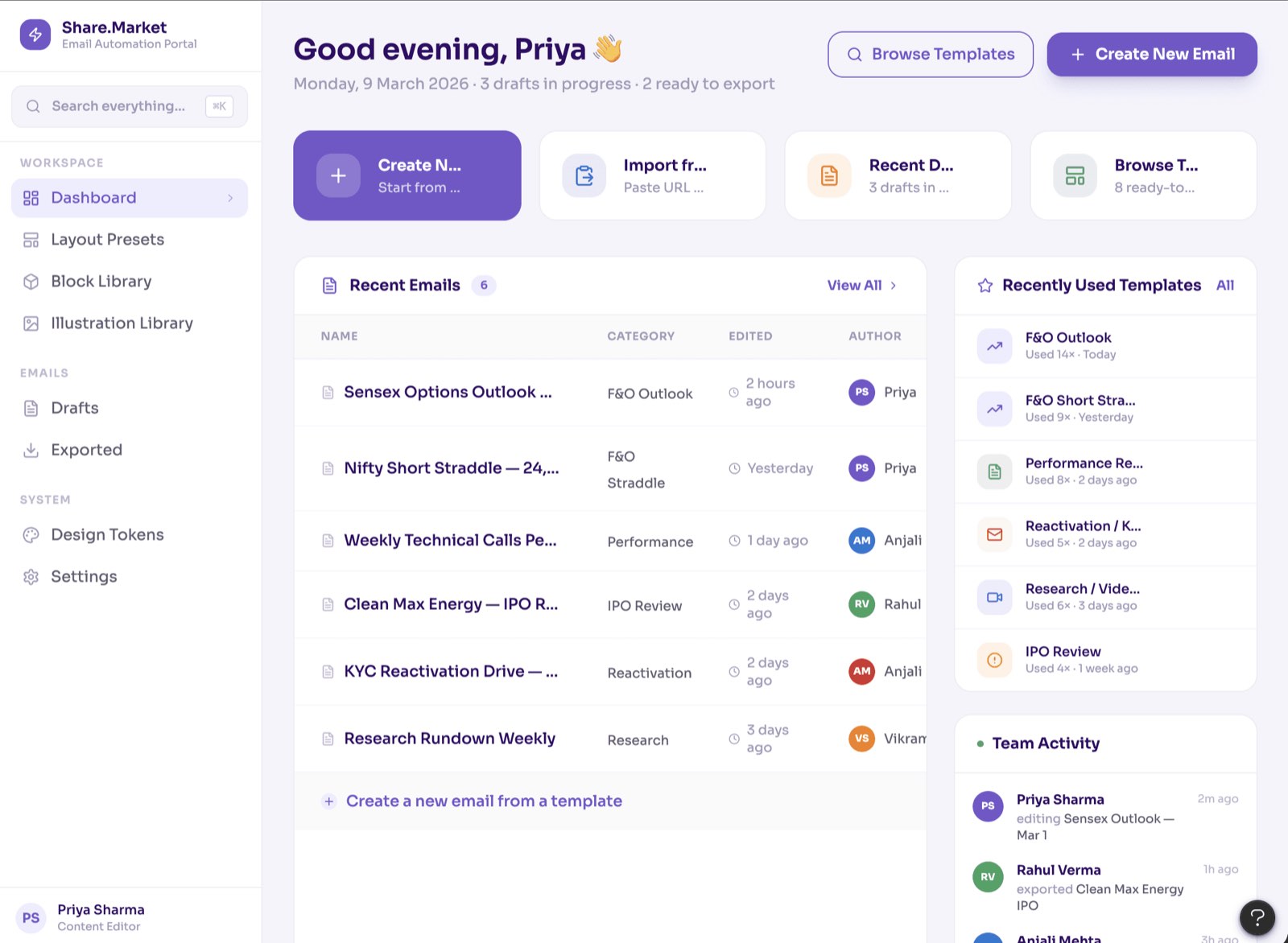Mailer design automation dashboard concept