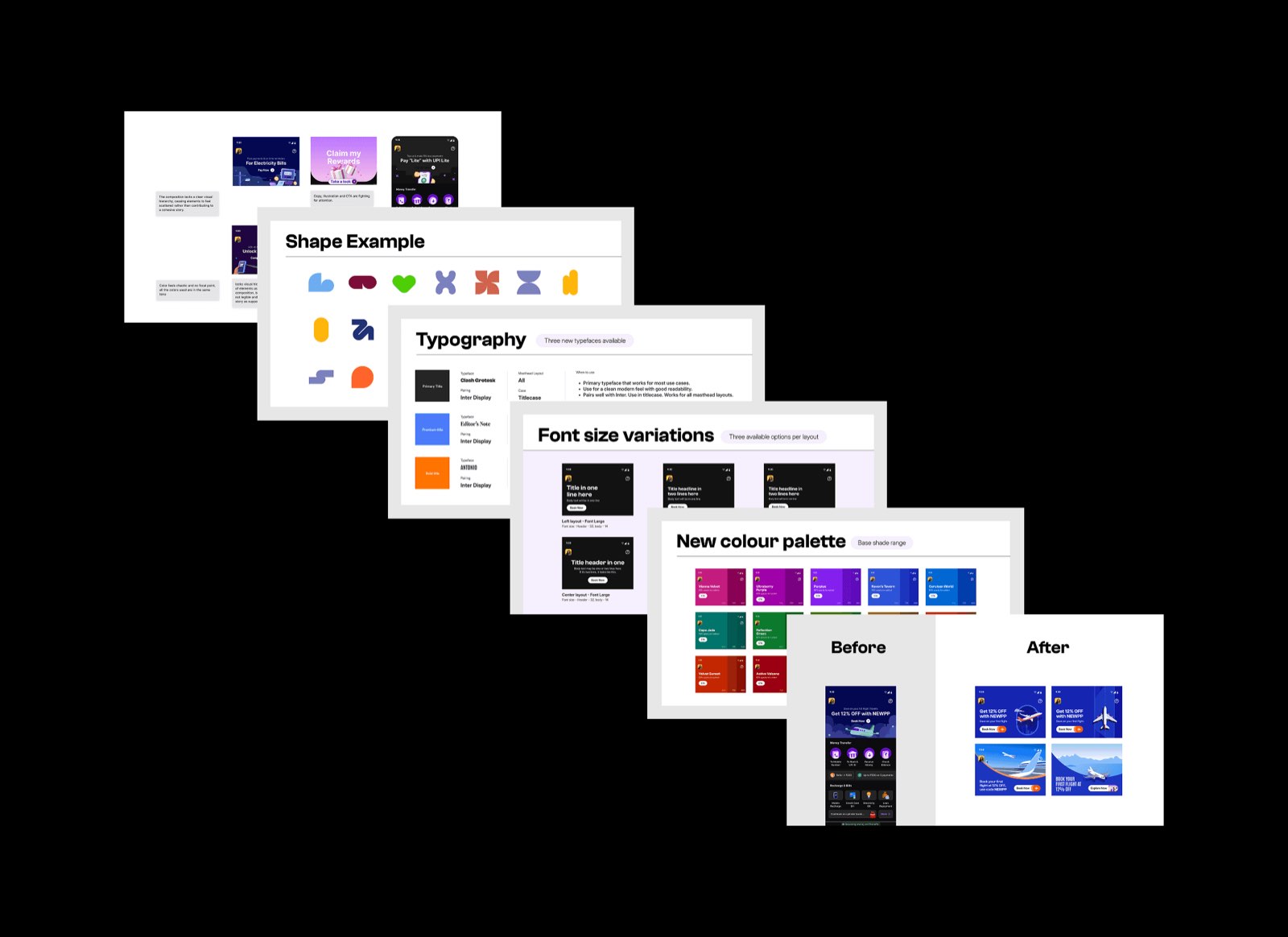 Shape, typography, font size and colour palette explorations, before and after