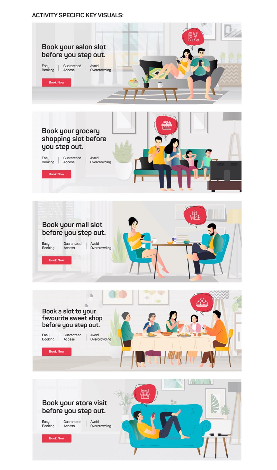 Activity-specific visuals for BookMyShow Access — salon, grocery, meal, dining, store visits