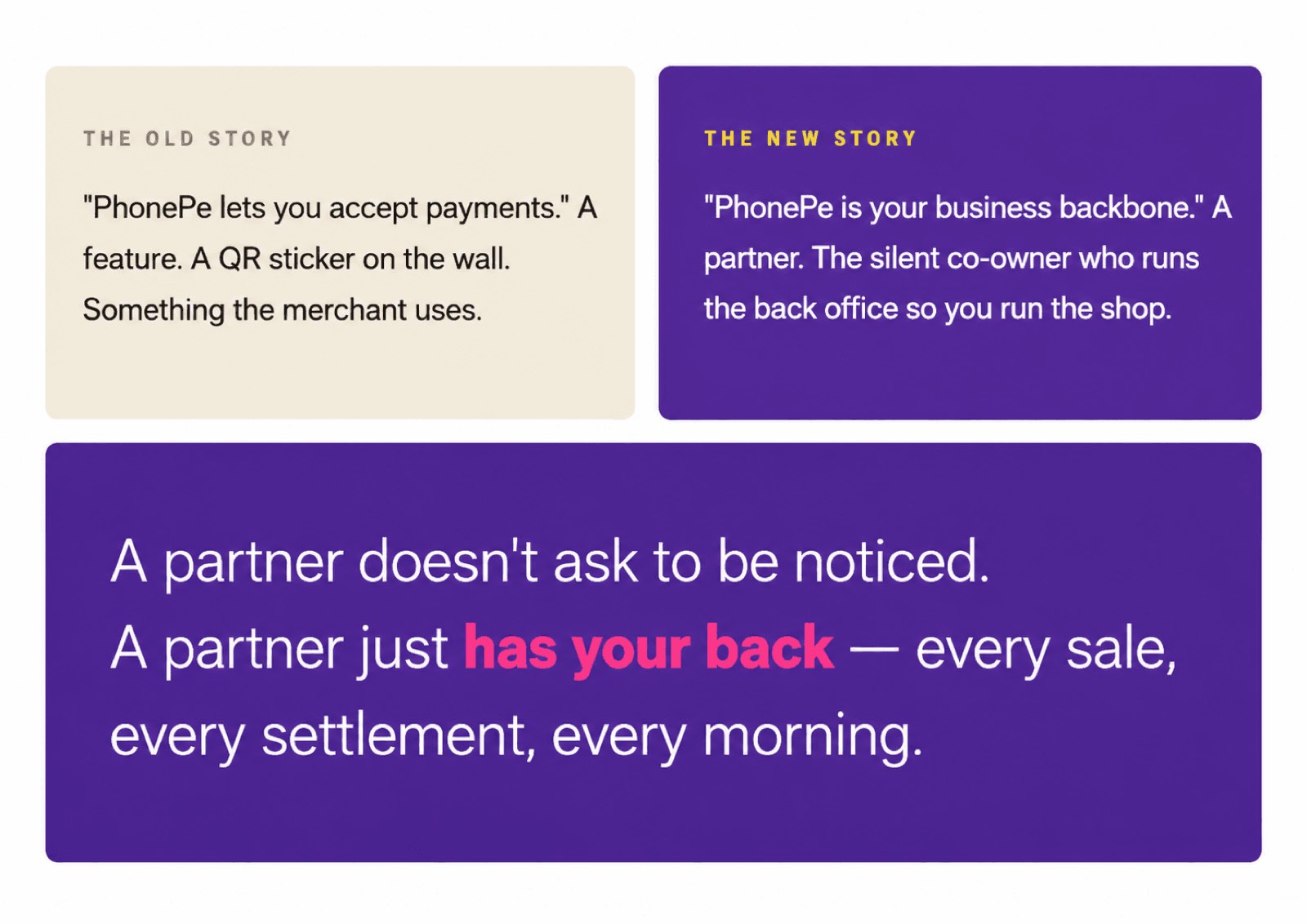 The old story versus the new story — positioning shift from feature to partner