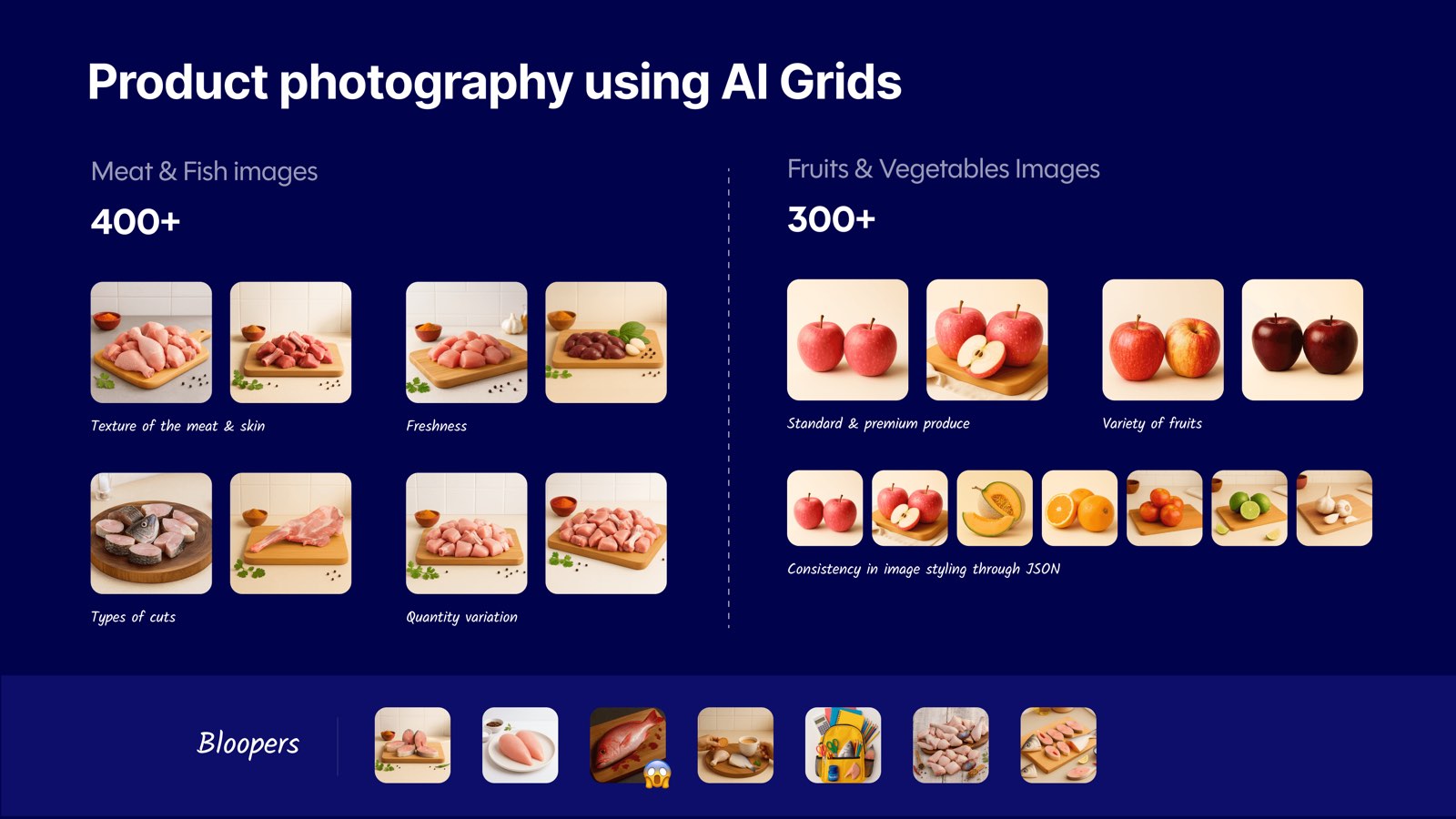 Product photography using AI grids — 400+ meat and fish images, 300+ fruits and vegetables