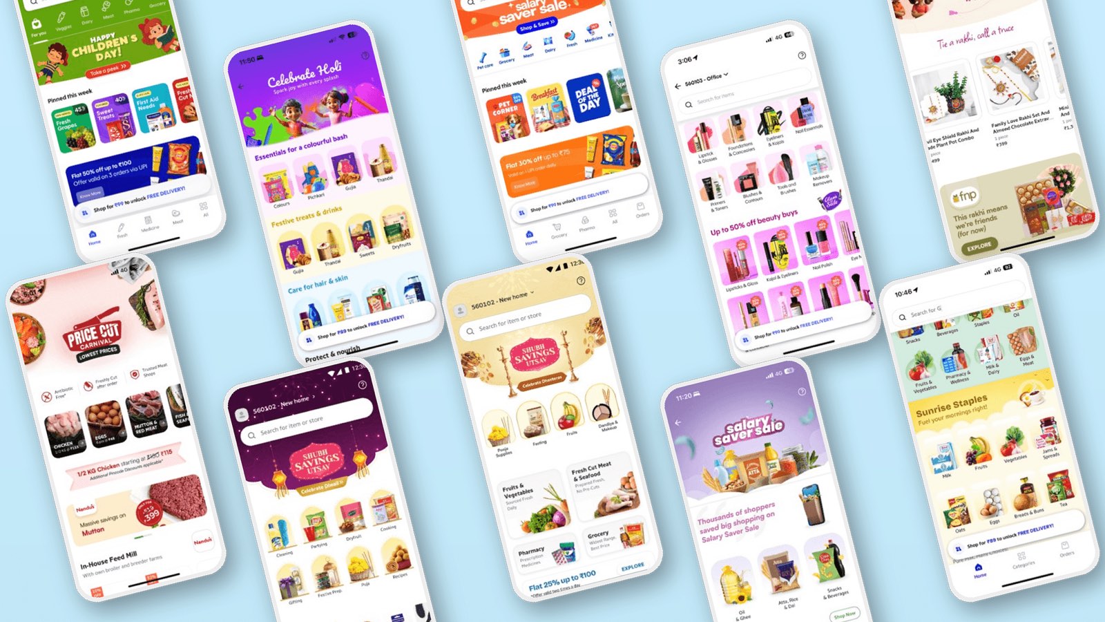 Grid of Pincode app screens across categories and campaigns